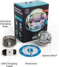 Coding robot with inductive charging base, USB cable, and protractor accessories set
