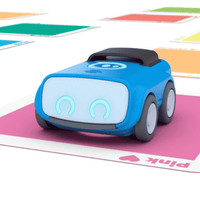 Blue screenless coding robot with glowing face on instruction mat