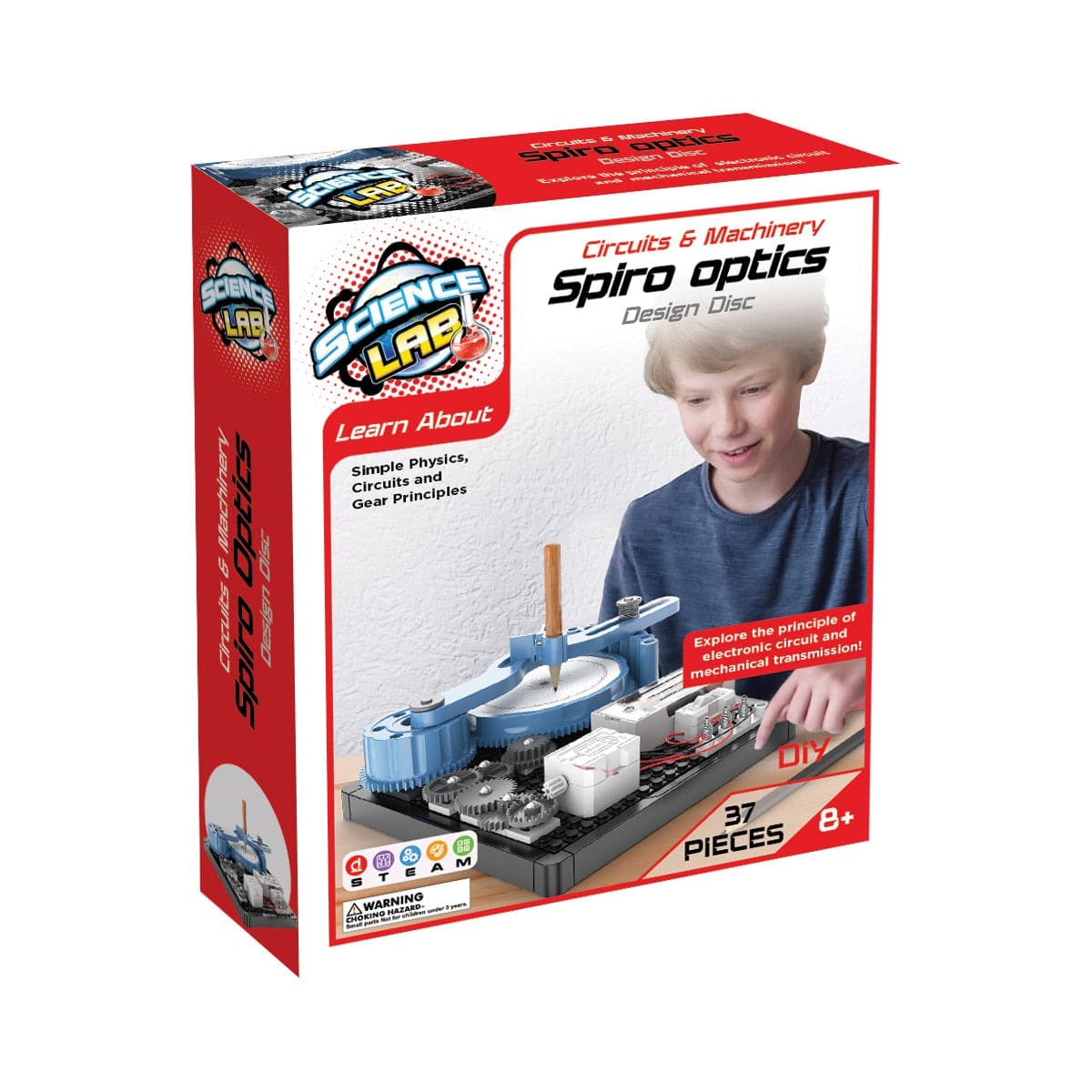 Science lab building kit box, red and blue design, 37 pieces, age 6+