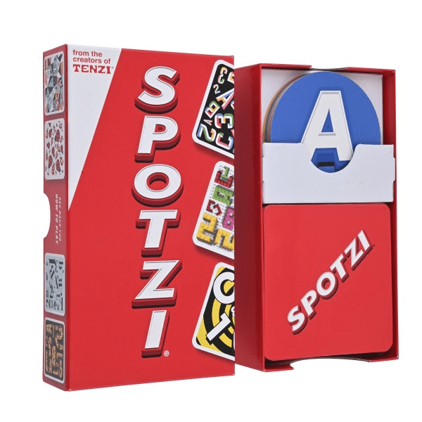 Spotzi card game box with inner red case showing SPOTZI and a large A card.