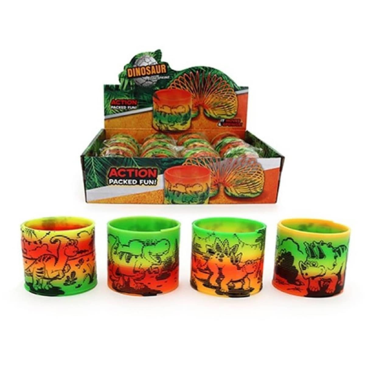 65mm plastic dinosaur spring toy with colorful prehistoric graphics