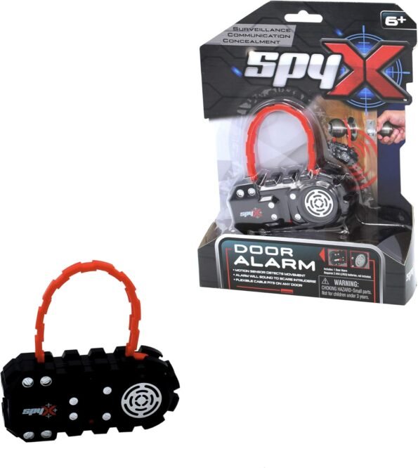 SpyX micro door alarm device with red cable loop and black sensor base