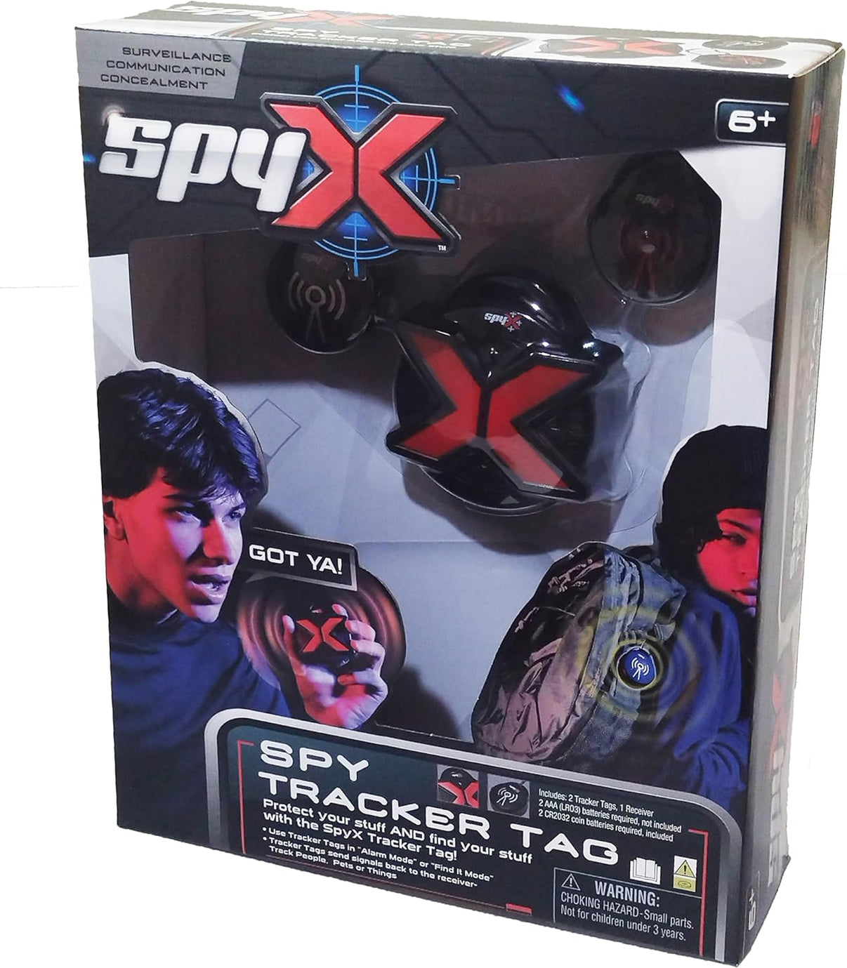 SpyX Spy Tracker Tag toy box showing black-red tracker unit and hanging tag