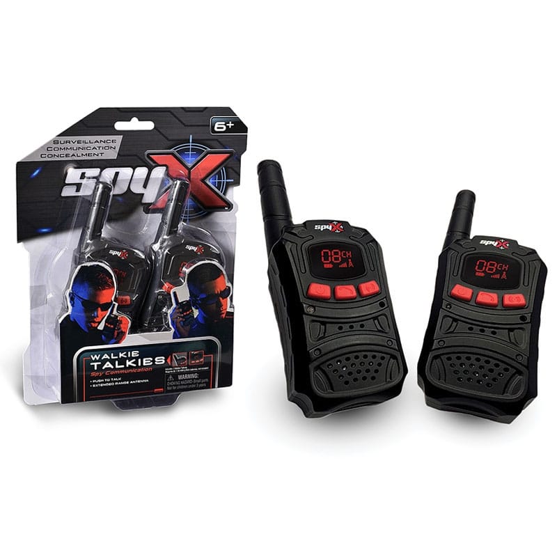 Black SpyX walkie talkies set with two handheld radios and retail package