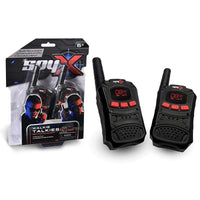Black SpyX walkie talkies set with two handheld radios and retail package
