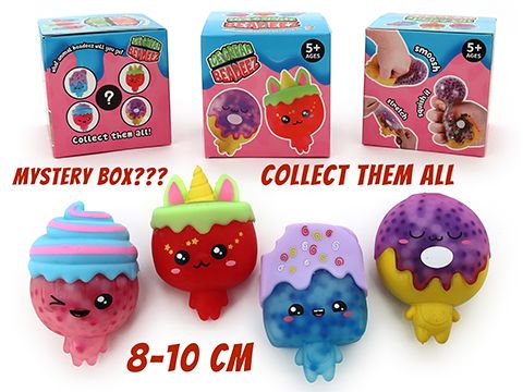 Ice Cream Beadeez collectible mystery box showing four squishy character designs