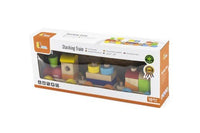 Stacking train toy box with colorful block images and 18+ age mark