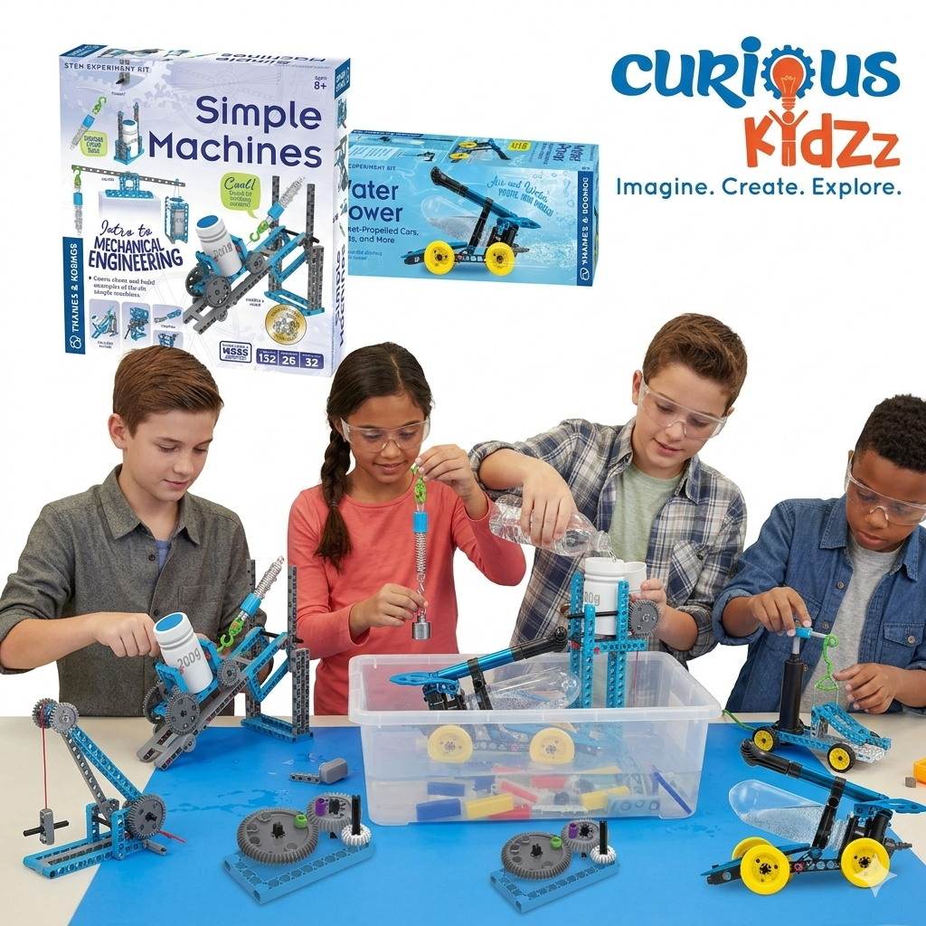 STEM Simple Machines building set with kids assembling gears and pulleys at table