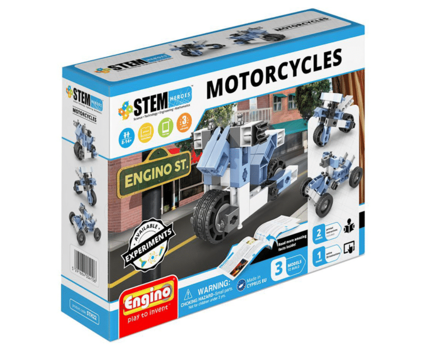 Engino STEM Hero Motorcycles building set box, STEM and motorcycle graphics