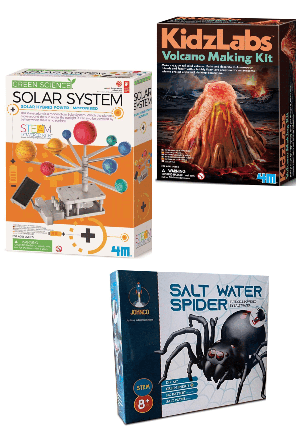 STEM learning pack of three science kits with colorful boxed designs