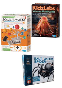STEM learning pack of three science kits with colorful boxed designs