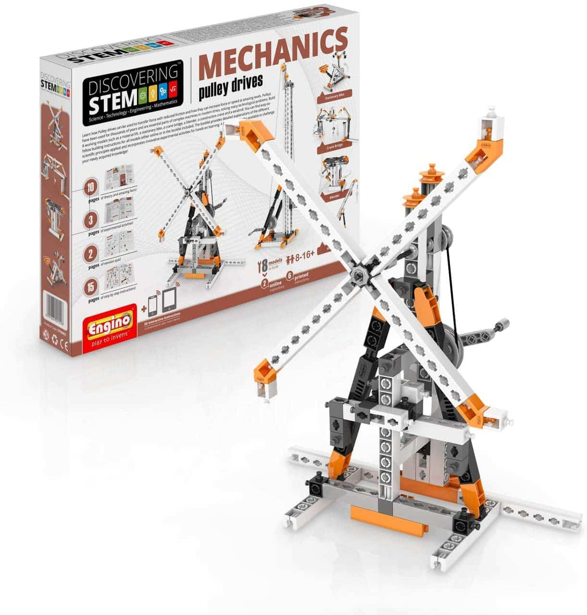 STEM Mechanics pulley drives building kit box with assembled pulley model