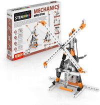 STEM Mechanics pulley drives building kit box with assembled pulley model