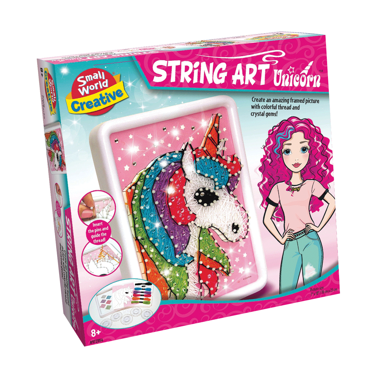 String art unicorn craft kit in box with framed unicorn design, Small World Creative