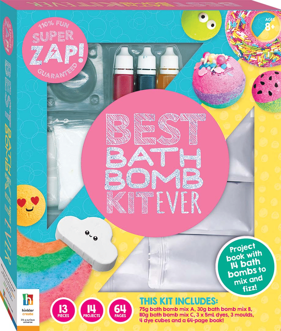 Bath bomb kit box with bath bomb molds and four squeeze bottles of mix.