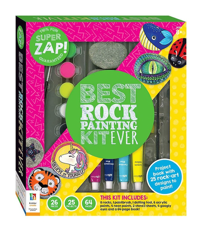 Rock painting kit box with paints, tools, and painted rock designs