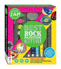 Rock painting kit box with paints, tools, and painted rock designs
