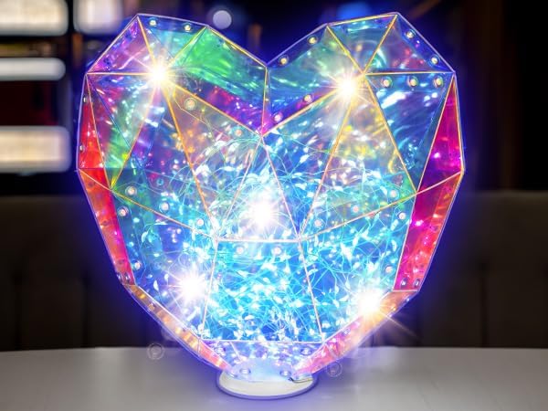 Heart-shaped LED puzzle lantern, faceted panels with multicolor glow