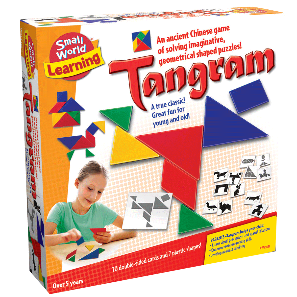 Tangram learning game box with geometric puzzle pieces and illustrated tangram design