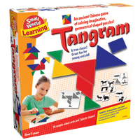Tangram learning game box with geometric puzzle pieces and illustrated tangram design