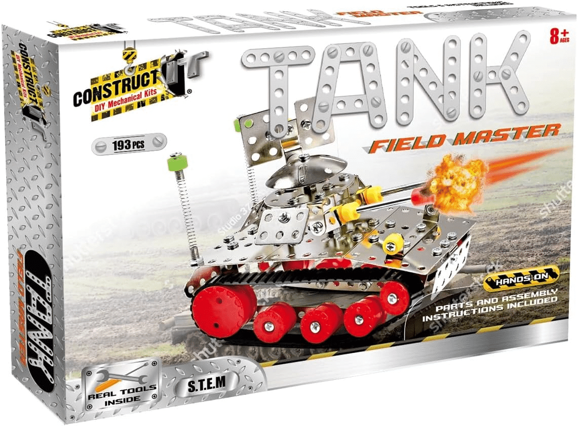 Tank Field Master boxed construction set with silver metal pieces and red wheel tracks