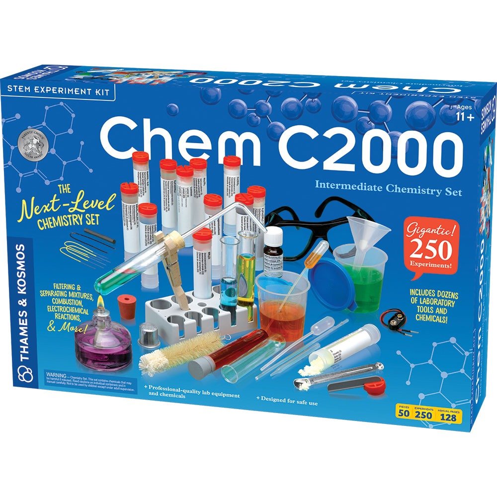 Chem C2000 intermediate chemistry set box with vials, beakers and experiment icons
