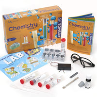 Chemistry experiment kit box with lab gear and instruction sheet