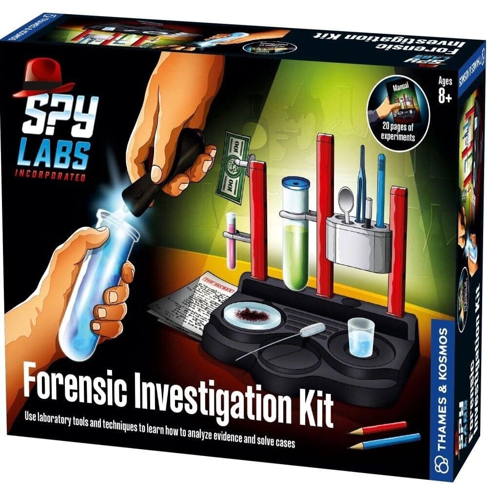 Forensic investigation kit box with lab tools, test vials, and magnifier graphic