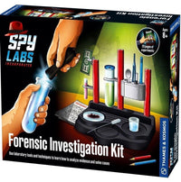 Forensic investigation kit box with lab tools, test vials, and magnifier graphic