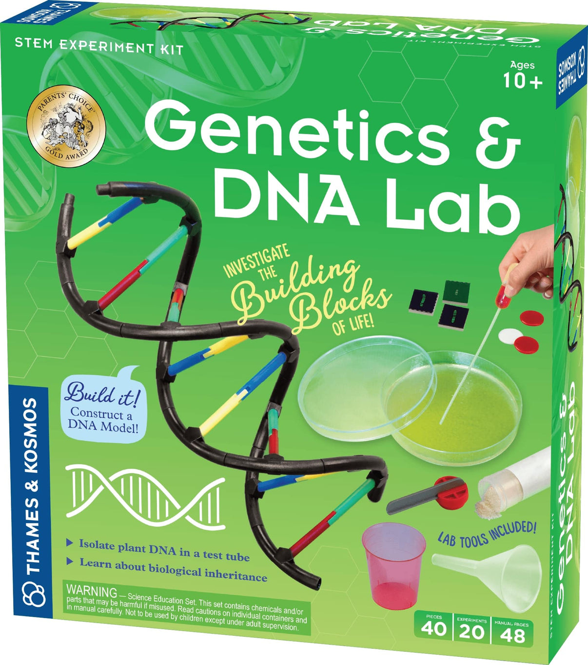 Genetics and DNA Lab science experiment kit box with DNA model and lab accessories
