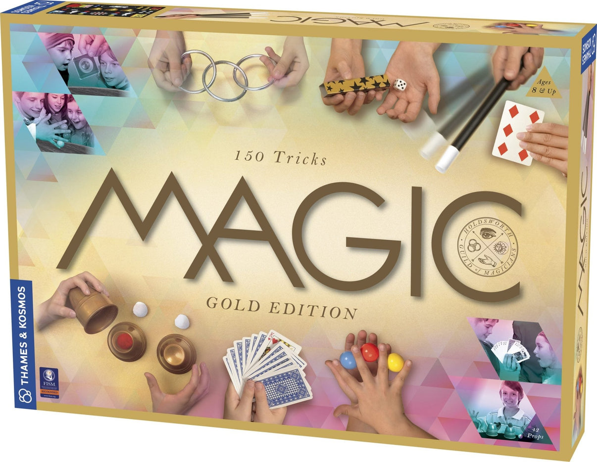 Gold edition magic trick kit box front with 150 tricks title and gold graphics