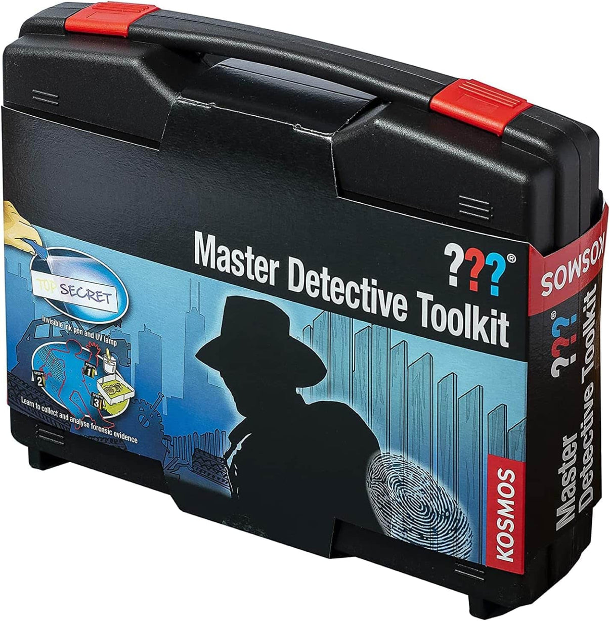 Master Detective Toolkit case with black body and red latches, blue crime-themed panel