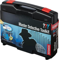 Master Detective Toolkit case with black body and red latches, blue crime-themed panel