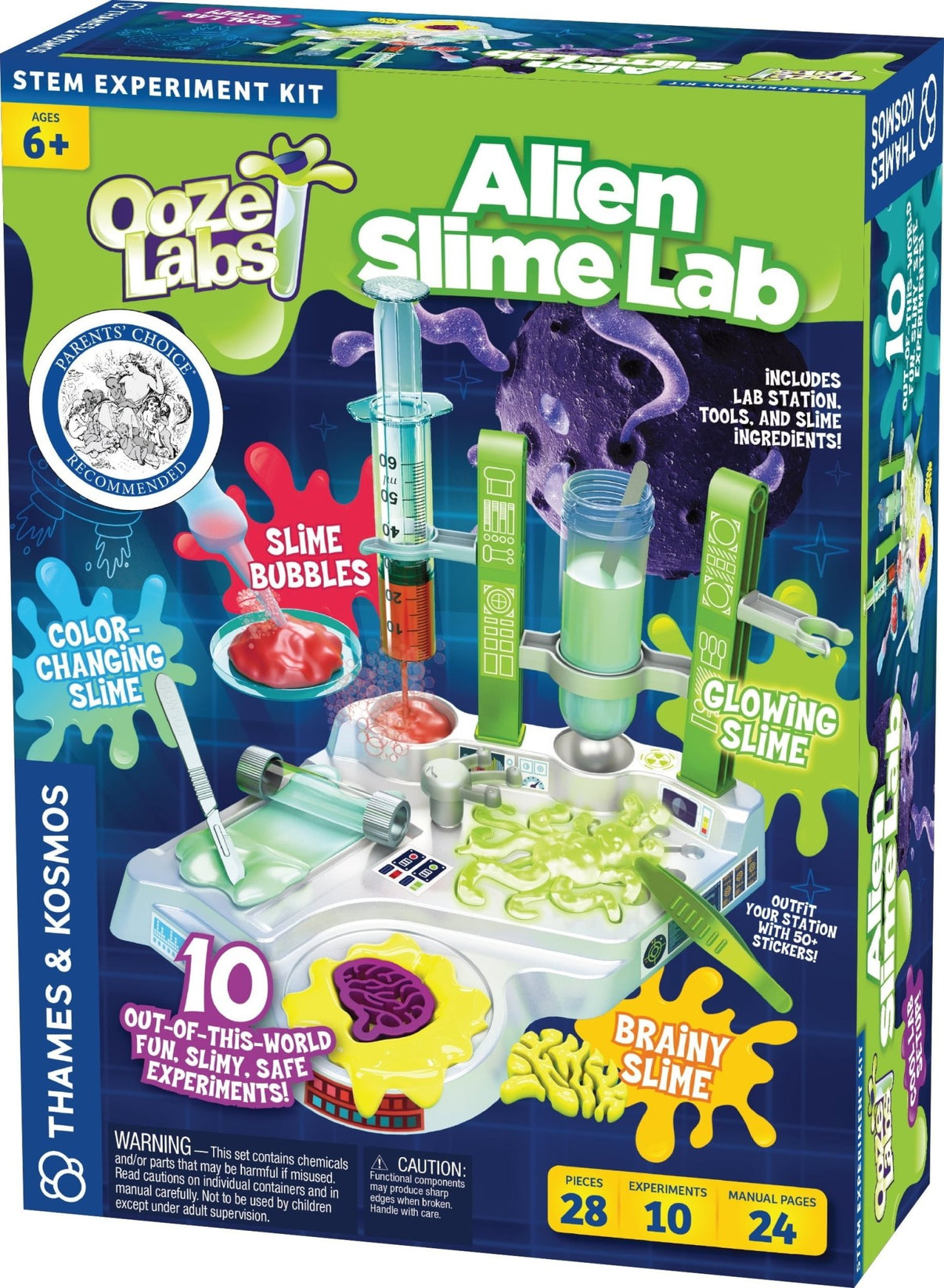 Alien slime lab kit box front showing green apparatus and slime-bubble experiments