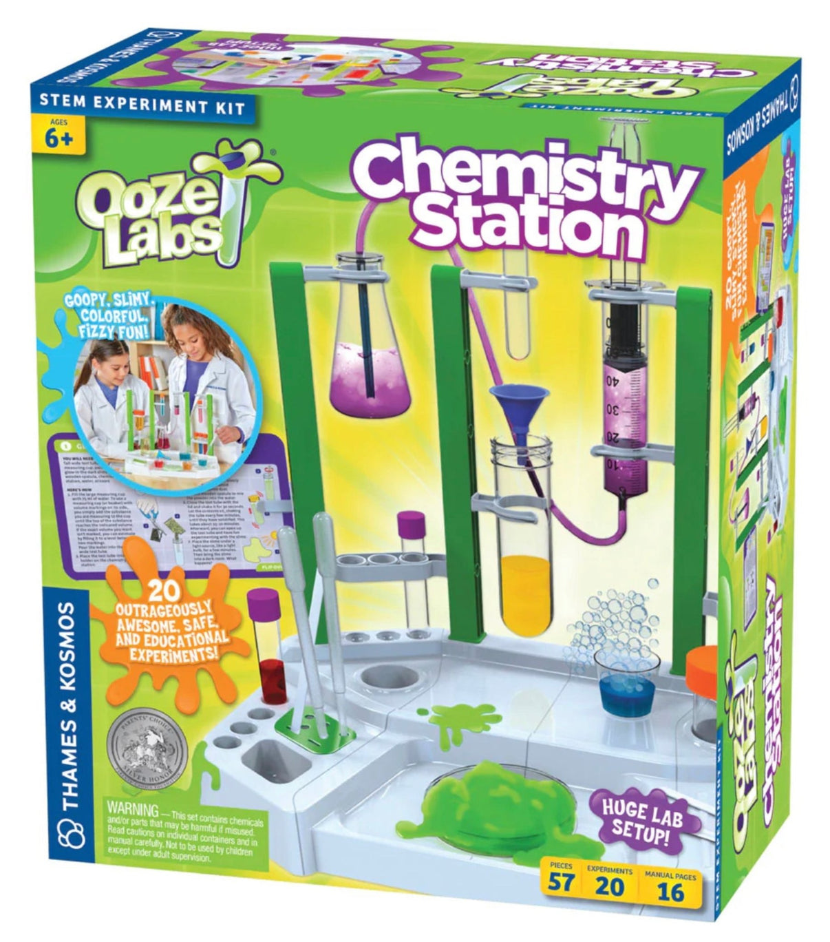 Chemistry station set box front with colorful lab artwork and purple beaker graphic