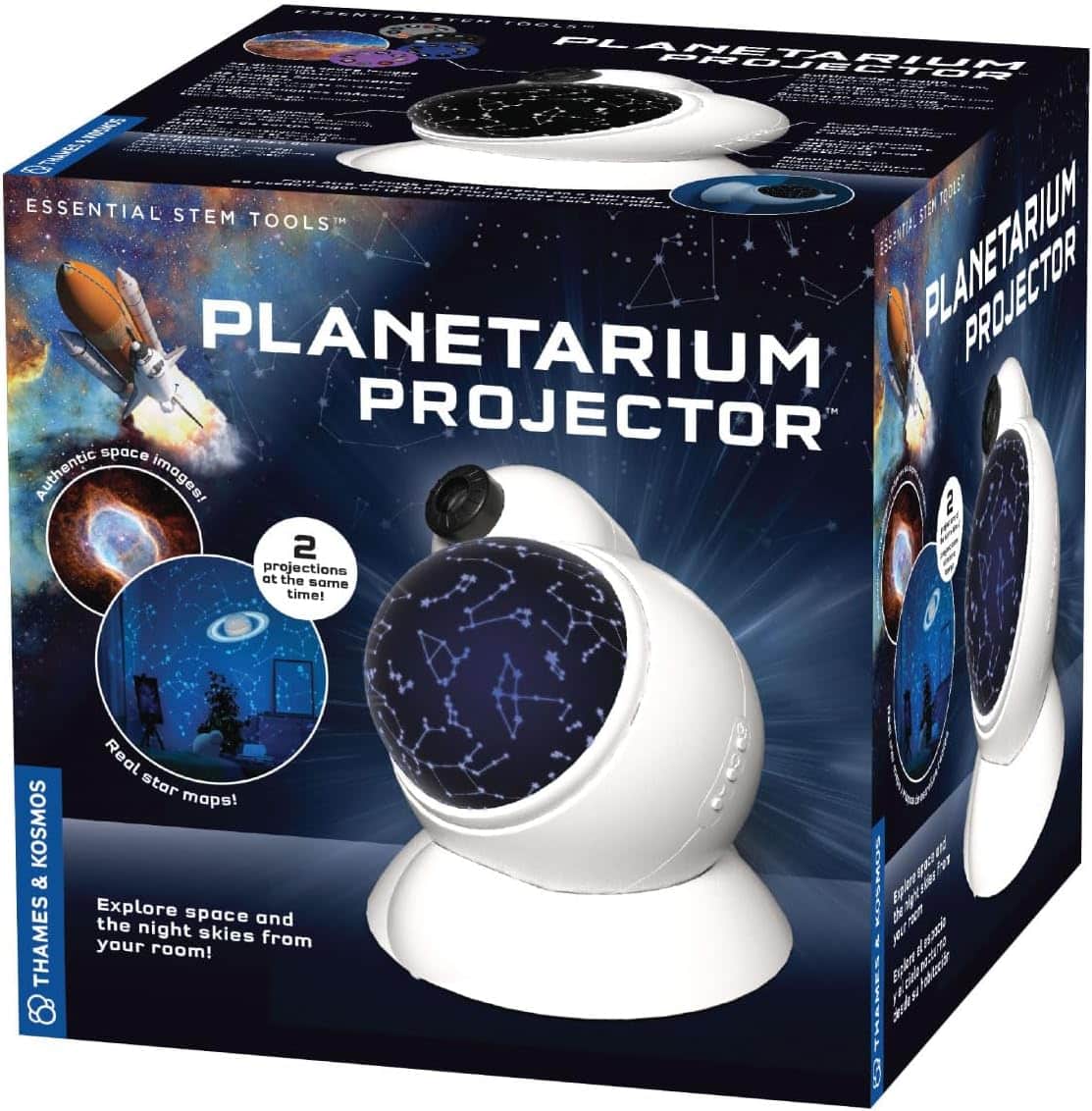Planetarium projector retail box with white projector and starry constellation graphics