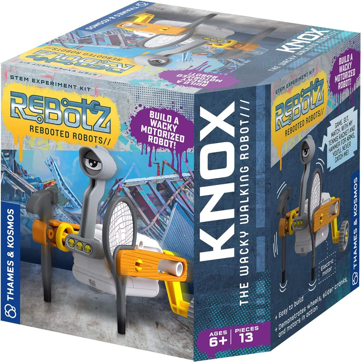 Rebotz Knox walking robot STEM kit box with robotic figure and yellow parts