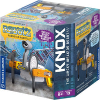 Rebotz Knox walking robot STEM kit box with robotic figure and yellow parts