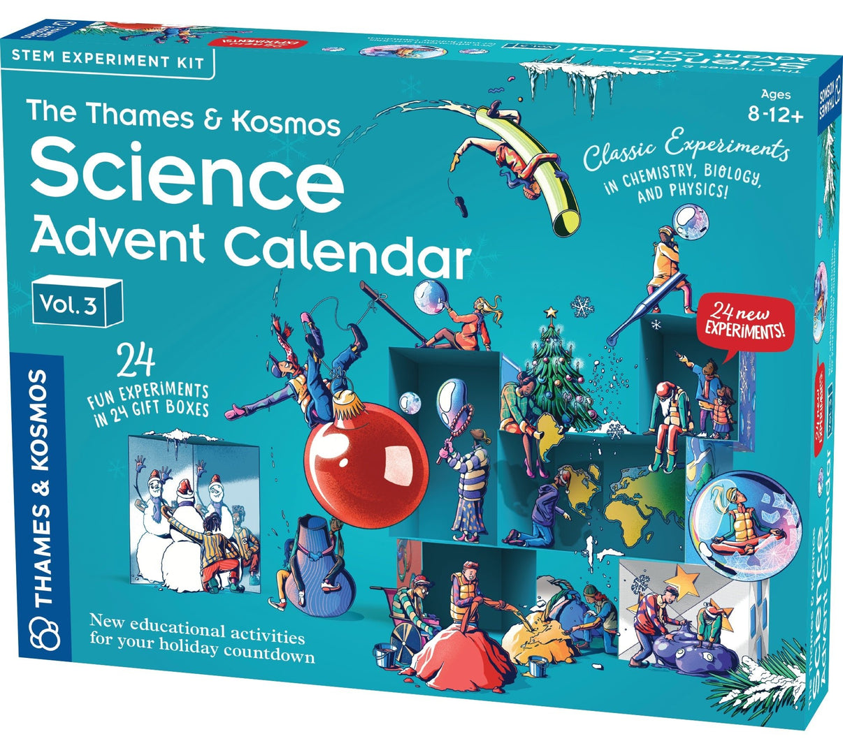 Science advent calendar box front, teal with countdown artwork and 24 experiments