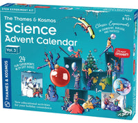 Science advent calendar box front, teal with countdown artwork and 24 experiments