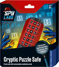 Cryptic Puzzle Safe product box with red dial cylinder graphic and “Ages 8+” label