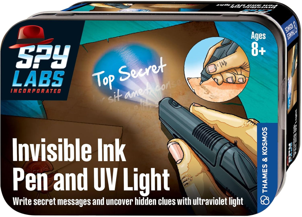 Spy Labs Invisible Ink Pen and UV Light box front with hand using pen