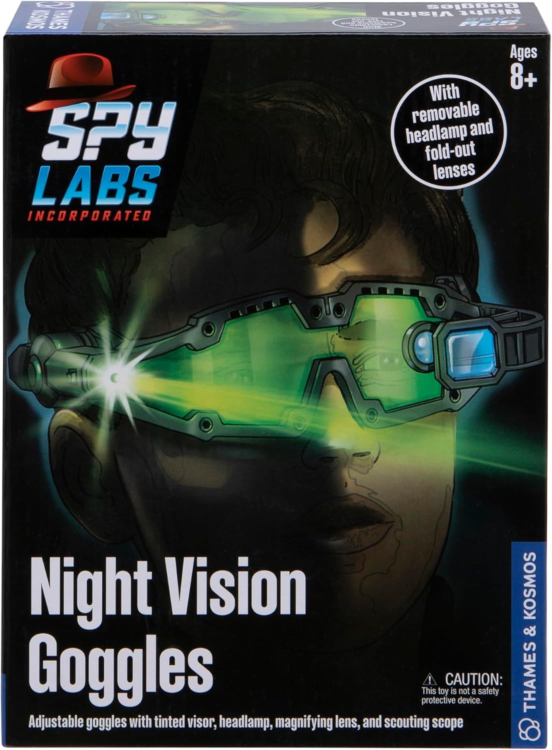 Night vision goggles box with black frame, green-tinted visor lenses, and adjustable strap.