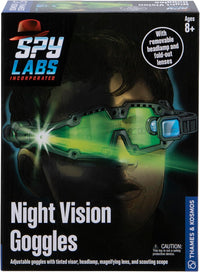 Night vision goggles box with black frame, green-tinted visor lenses, and adjustable strap.