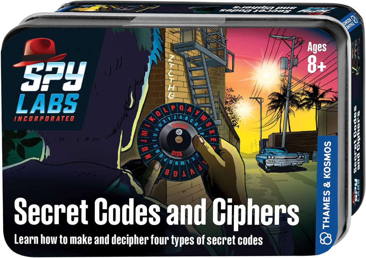 Spy Labs tin, colorful cover with lighthouse scene, cipher wheel graphic and “Secret Codes and Ciphers”