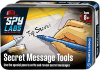 Spy Labs Secret Message Tools tin with blue pen illustration and age 8+