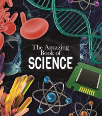Science book cover with large white title and colorful cell, DNA, and molecule graphics