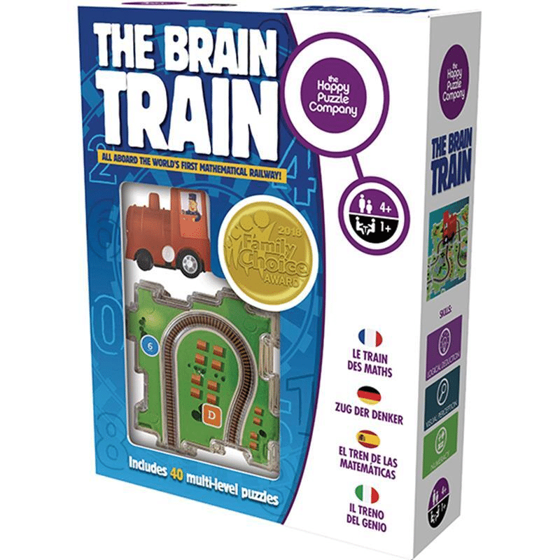 Train math puzzle set box with colorful track pieces, blue and purple packaging