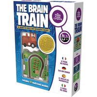Train math puzzle set box with colorful track pieces, blue and purple packaging