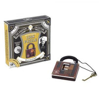 Lock puzzle kit box with graphic padlock and bundled key accessory